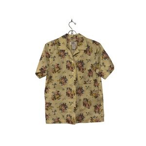 Jones New York Sport Linen Floral Button Up Shirt Yellow Short Sleeve Vintage